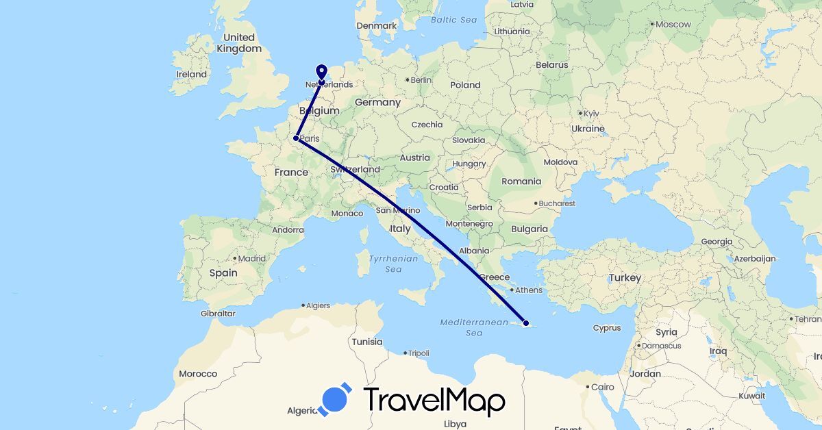 TravelMap itinerary: driving in France, Greece, Netherlands (Europe)